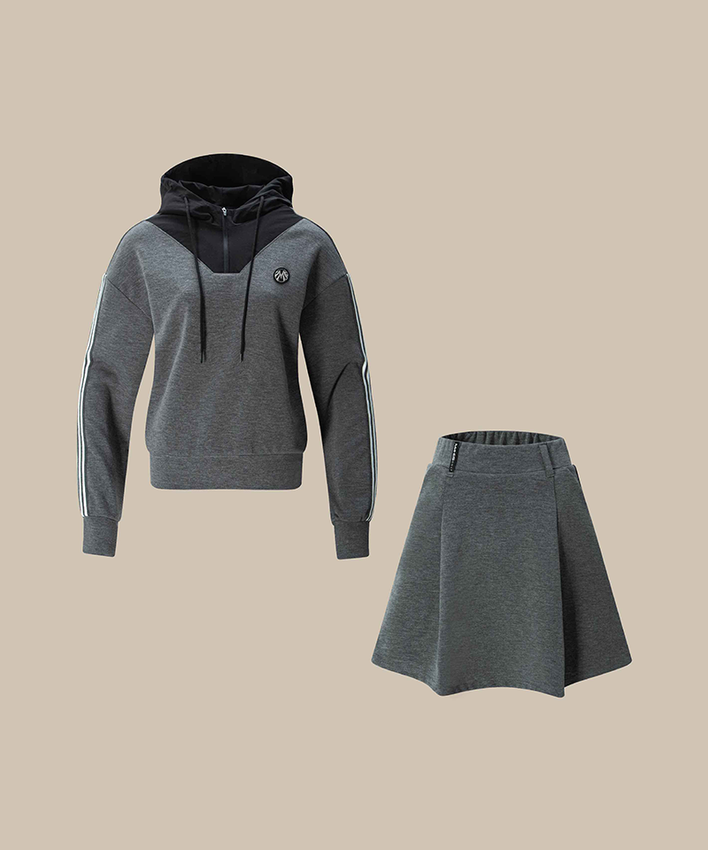 Brushed Silk Cotton Jersey Hooded Half-Zip & Culottes Set Two  (Top+Skirt)