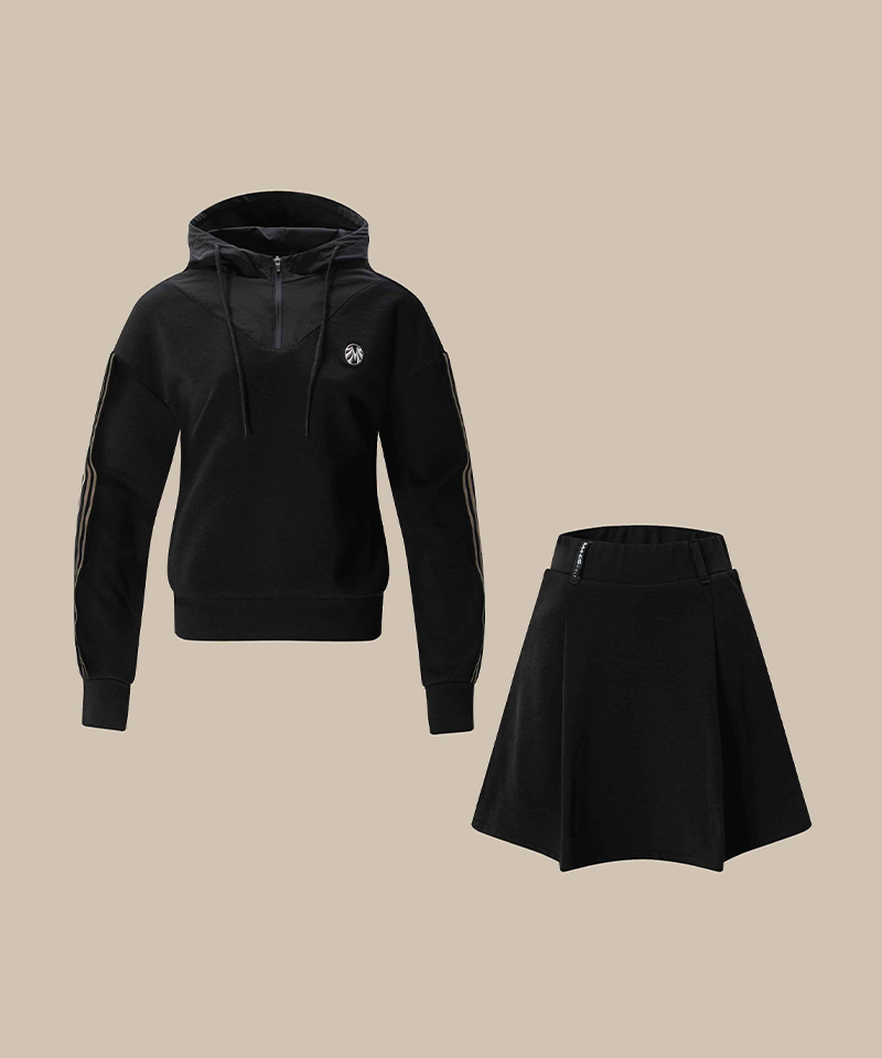 Brushed Silk Cotton Jersey Hooded Half-Zip & Culottes Set One  (Top+Skirt)