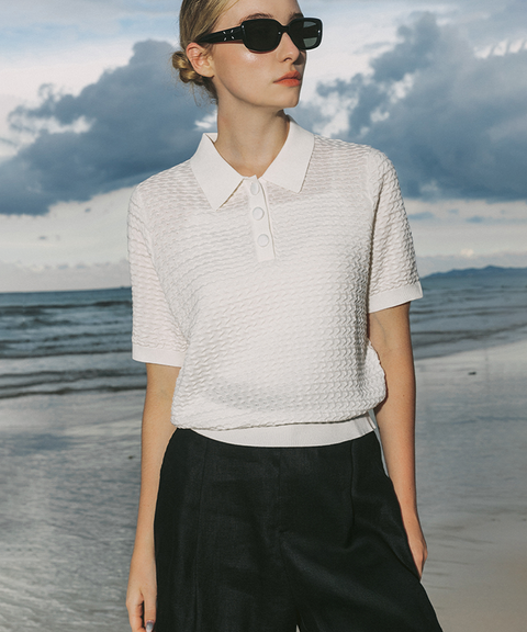 OBER Golf Weaving Texture Collar Knit - Ivory
