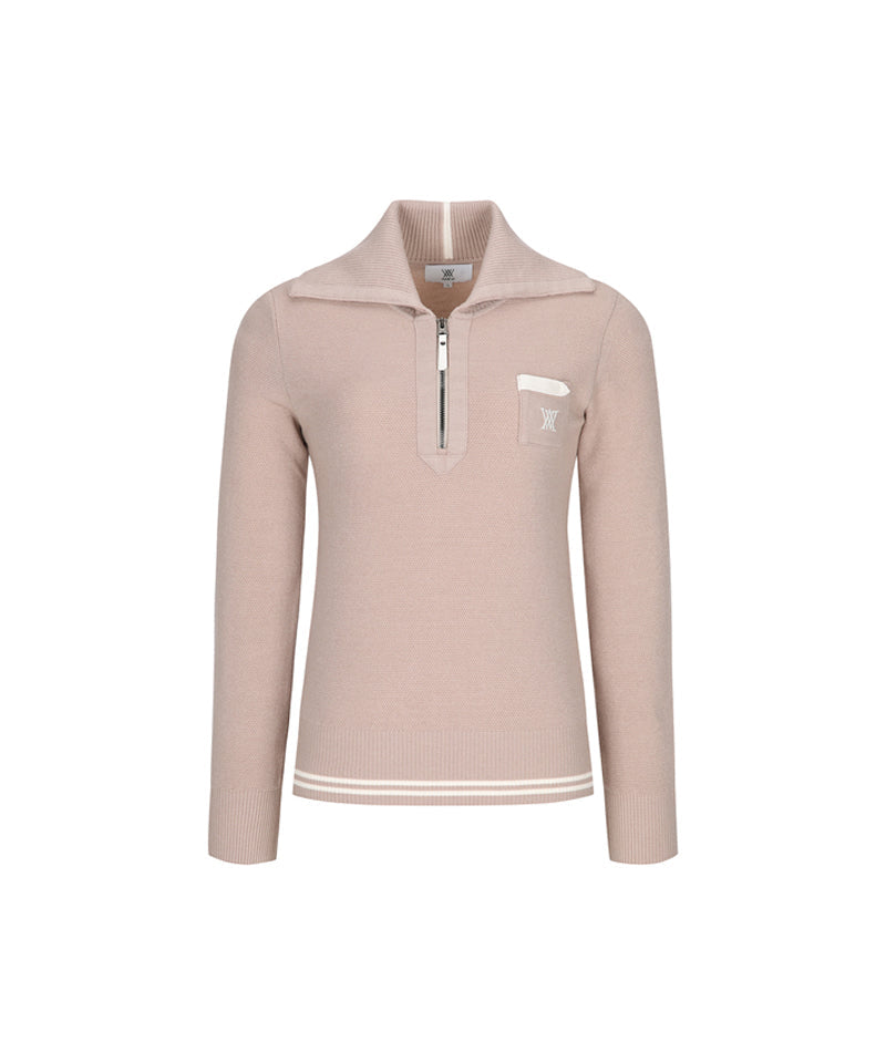Women's Wide Collar Half Zip-Up Pullover - Light Beige