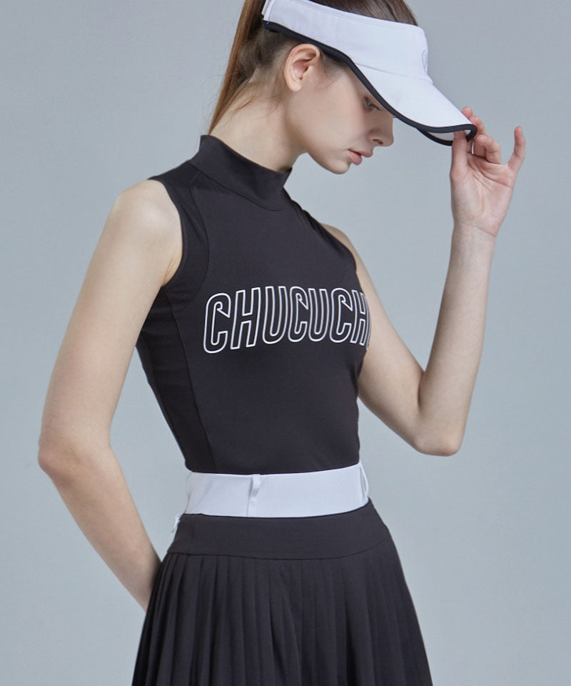 Logo Mock Neck Mesh Sleeveless Top - Black
