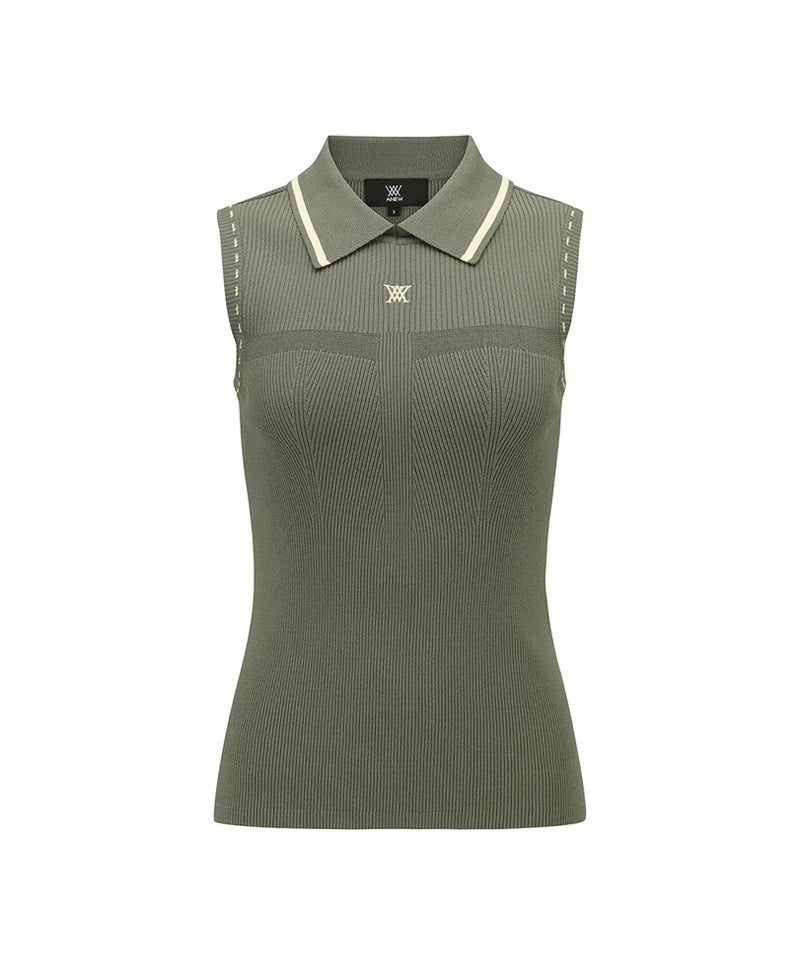 Women Sleeveless Collard Sweater - Khaki