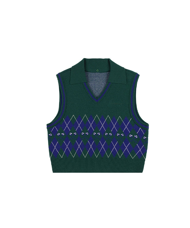 [SAMPLE SALE]LE SONNET Logo & Argyle Knit Vest - Green