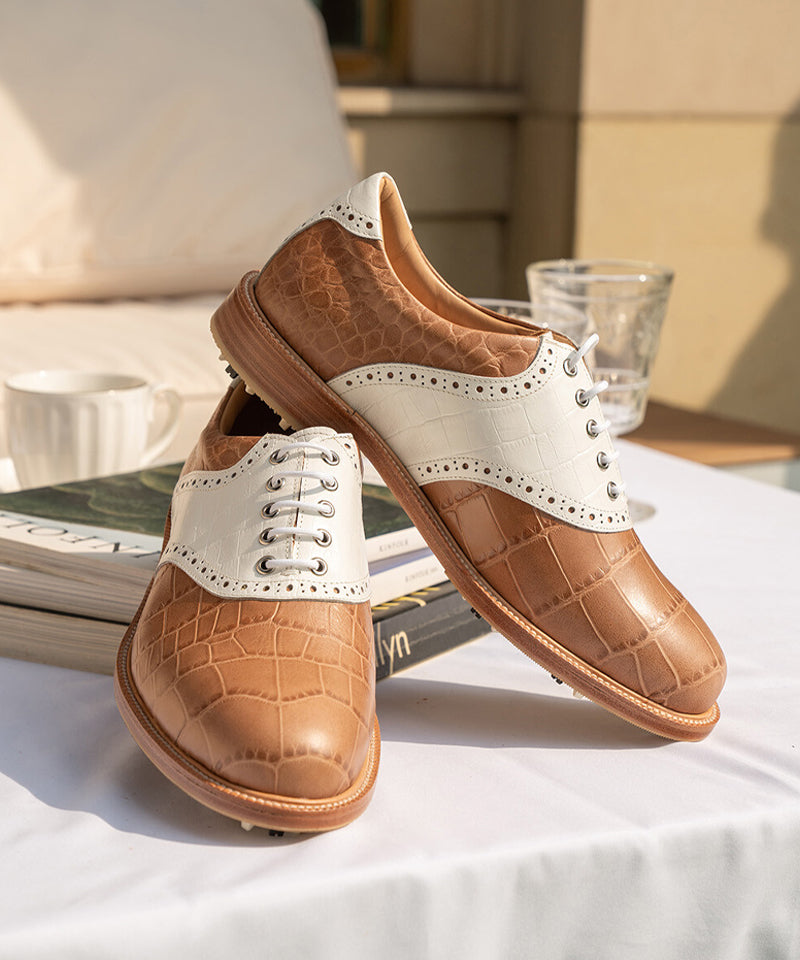ALL CLASSIC Golf Plain Toe Classic Golf Shoes - Ivory/ Brown