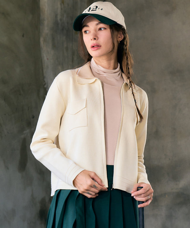 BENECIA 12 Double Collar Knit Zip-Up - Beige