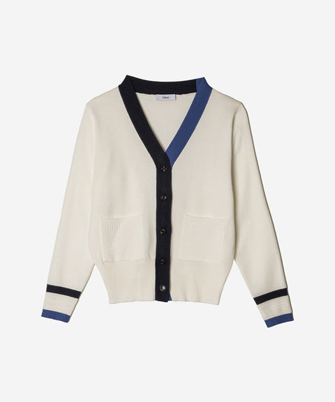 OBER Golf Sleeve Point V-Neck Cardigan - Ivory