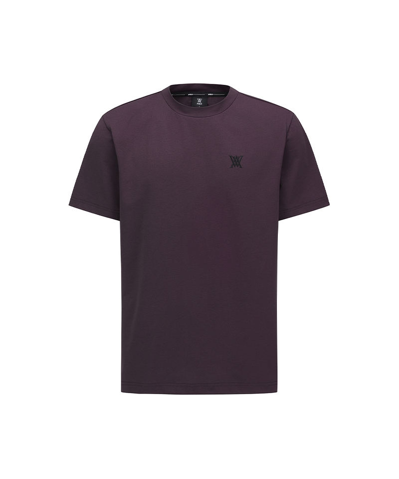 Purple t-shirt with a small logo on a white background