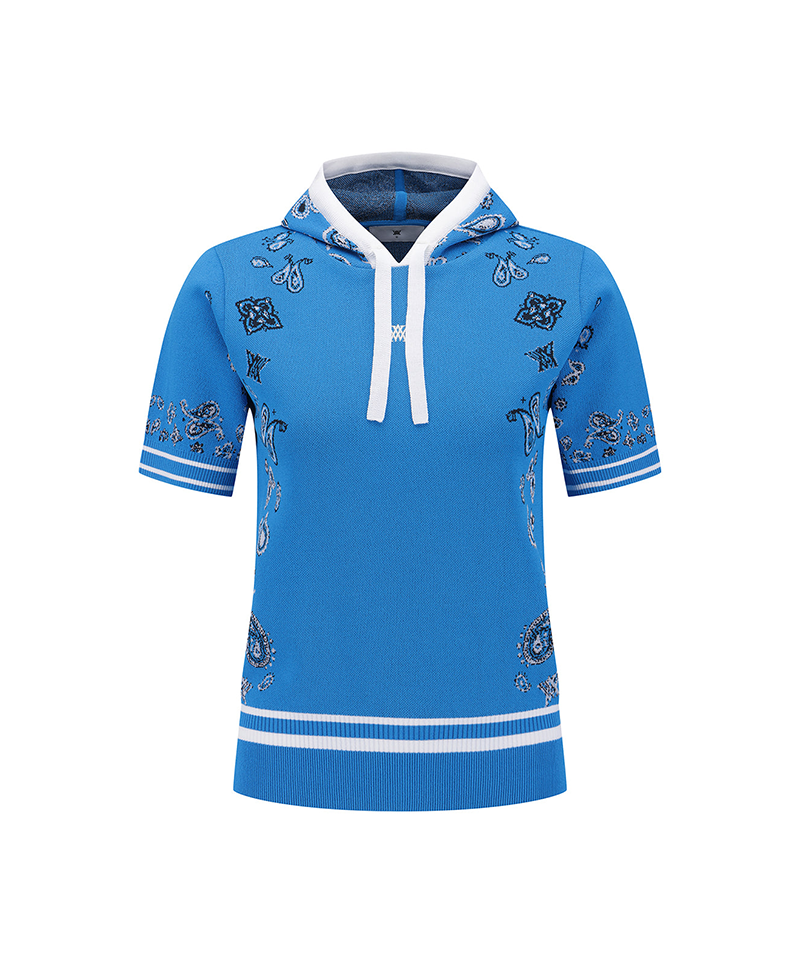 Women's Paisley Hooded Short Sleeve Sweater - Blue