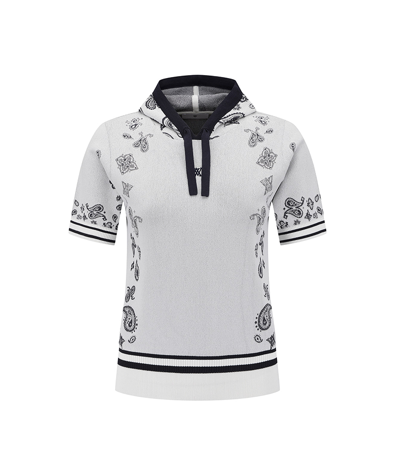 Women's Paisley Hooded Short Sleeve Sweater - White
