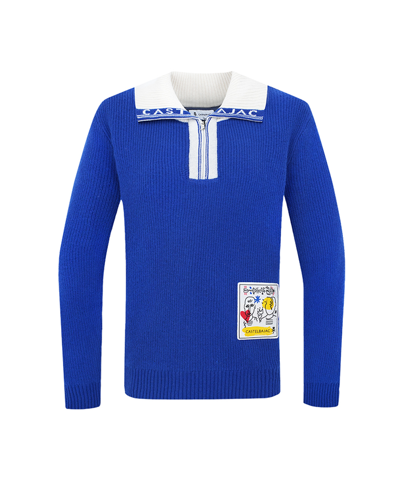 Castelbajac Men's Logo Collar Two-tone Half-zip Knit - Blue