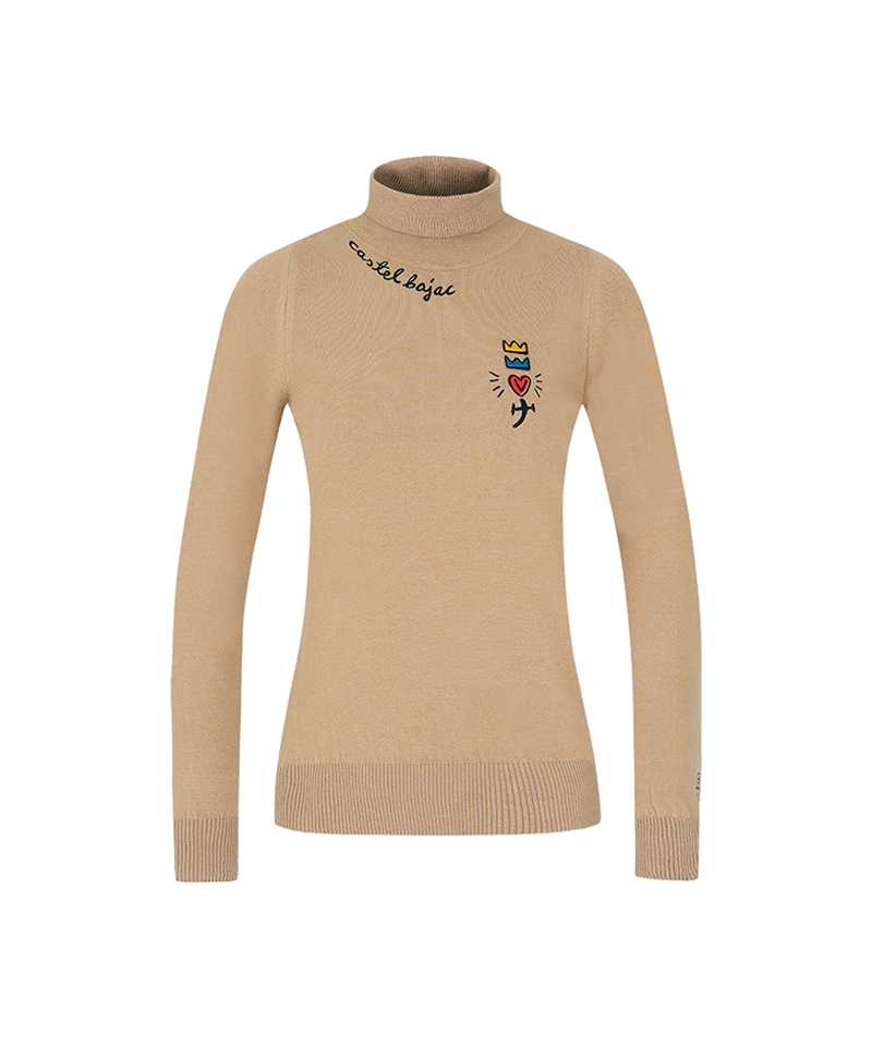Castelbajac Women's Basic Embroidered Point Mock Neck Knit - Beige