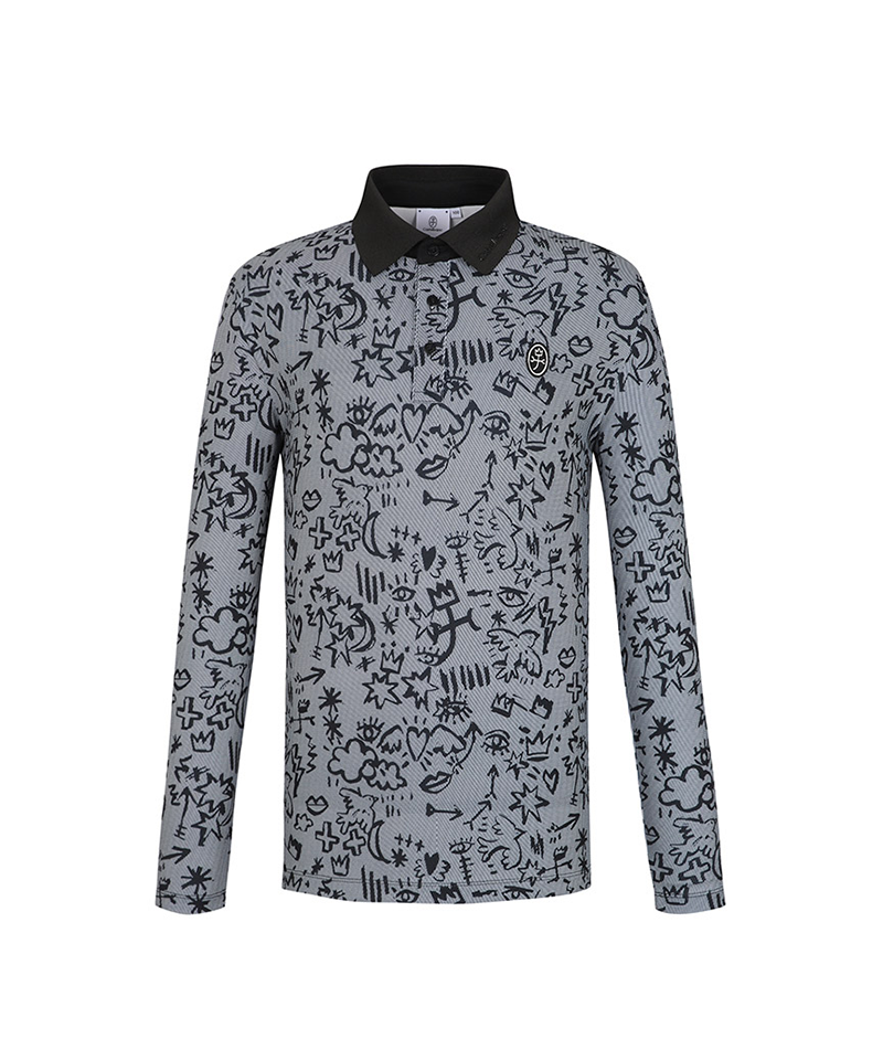 Castelbajac Men's Seasonal Pattern Long-Sleeve Collared T-Shirt - Black