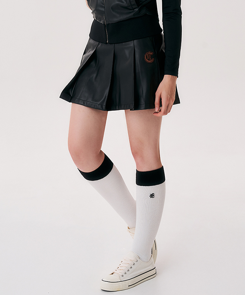 Castelbajac Women's Black Line Embroidery Point Leather Pleated Skirt - Black