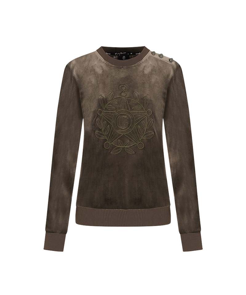 Castelbajac Women's Black Line Symbol Embroidered Velvet Man-to-Man T-Shirt - Khaki