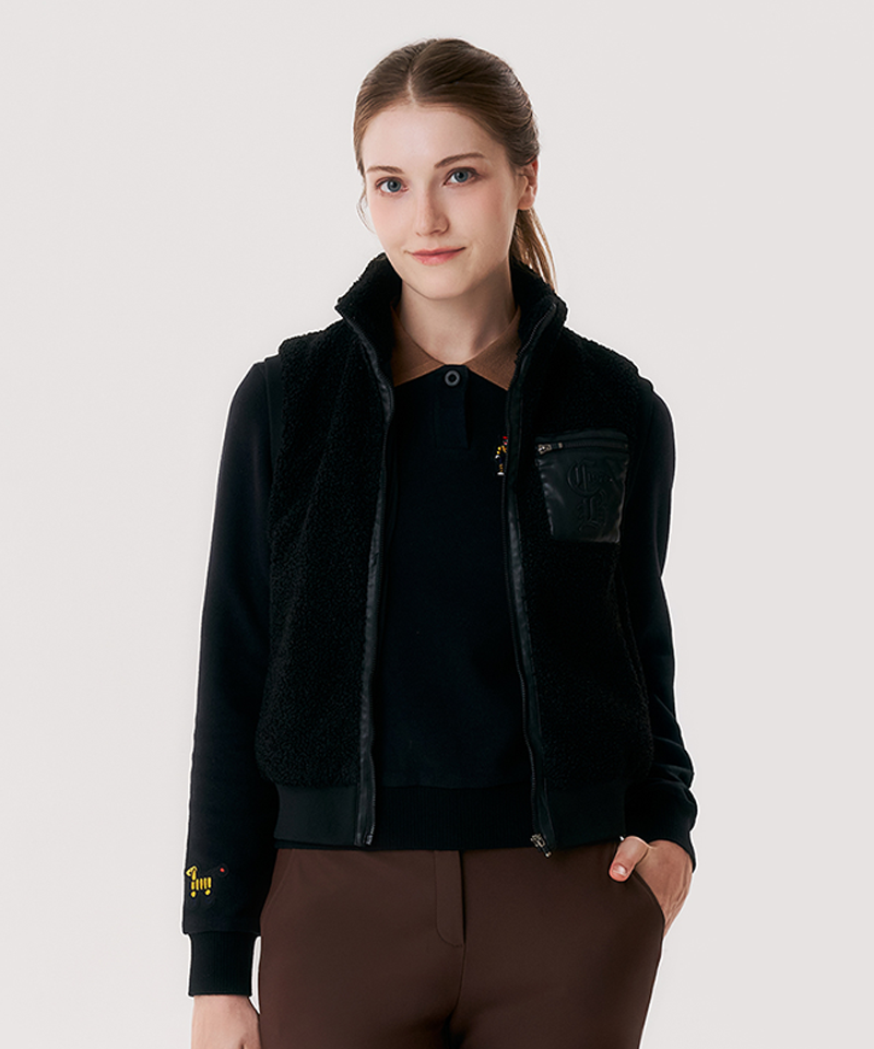 Castelbajac Women's Black Line Leather Pocket Point Pleated Vest - Black