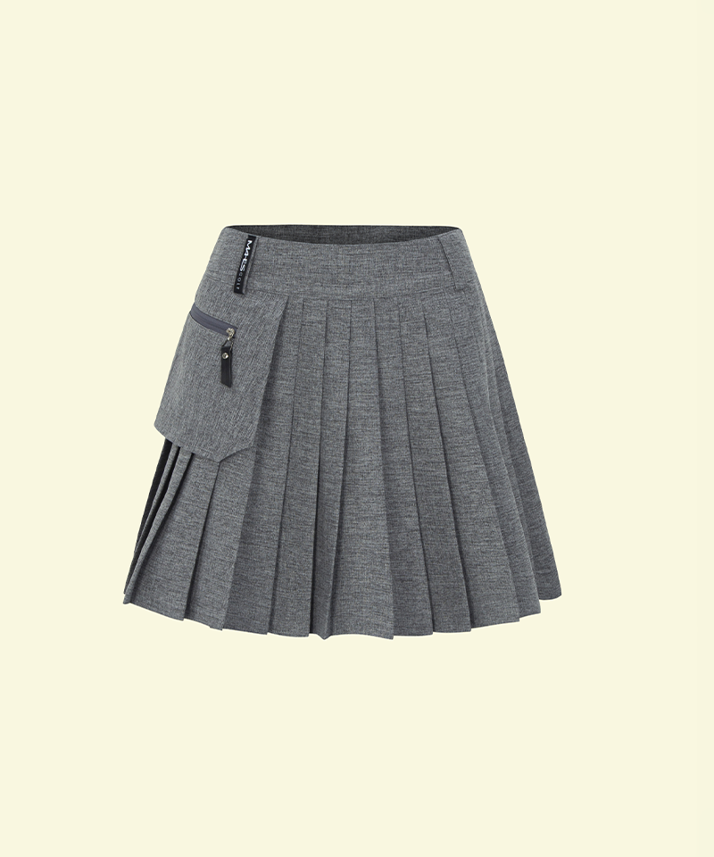 Orange Label Wrap Pocket A-Line Pleated Skirt - Gray