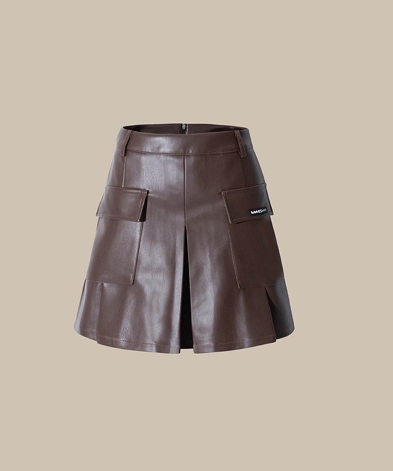 Cargo Pocket Pleated Leather Golf Skirt - Brown