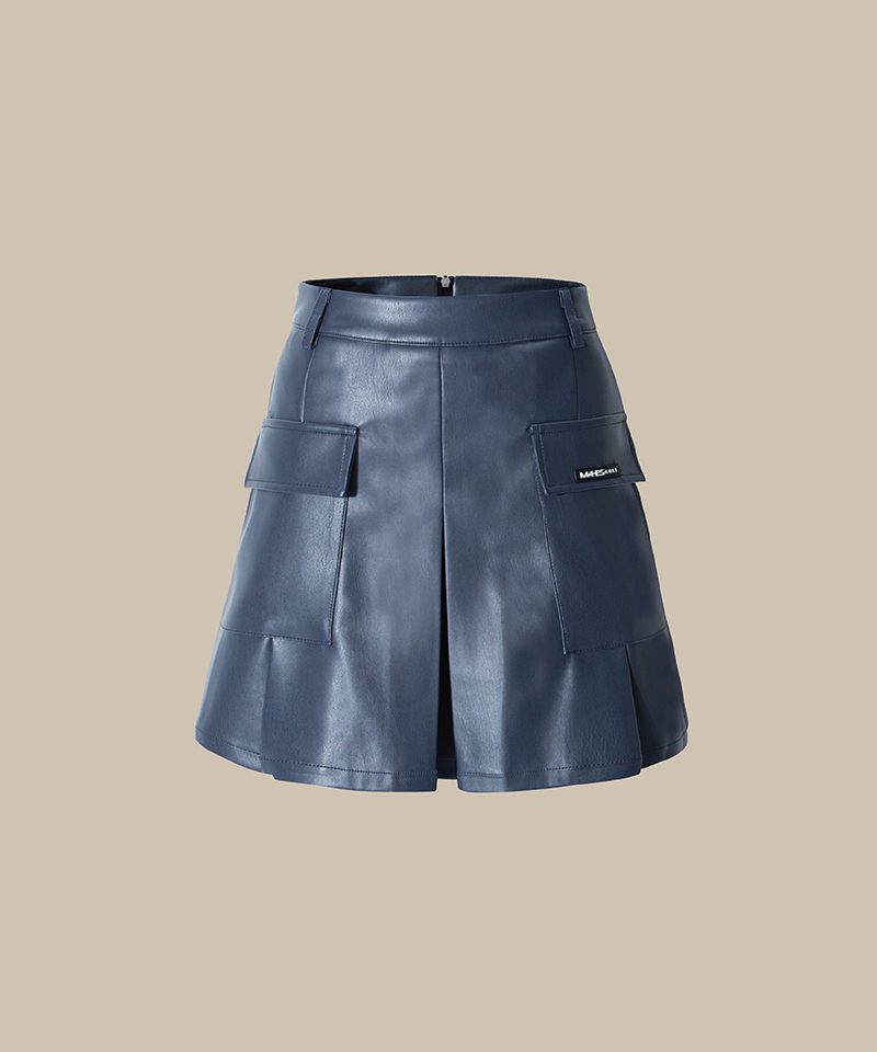 Cargo Pocket Pleated Leather Golf Skirt - Navy