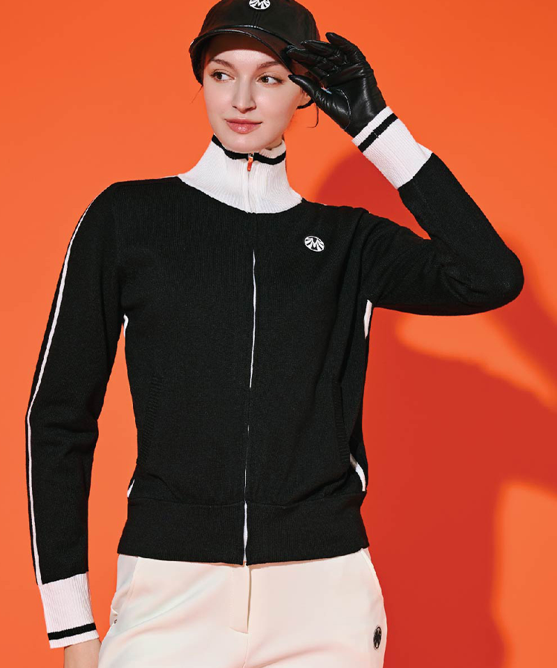 High Neck Full Zip Knit Blue Jacket - Black