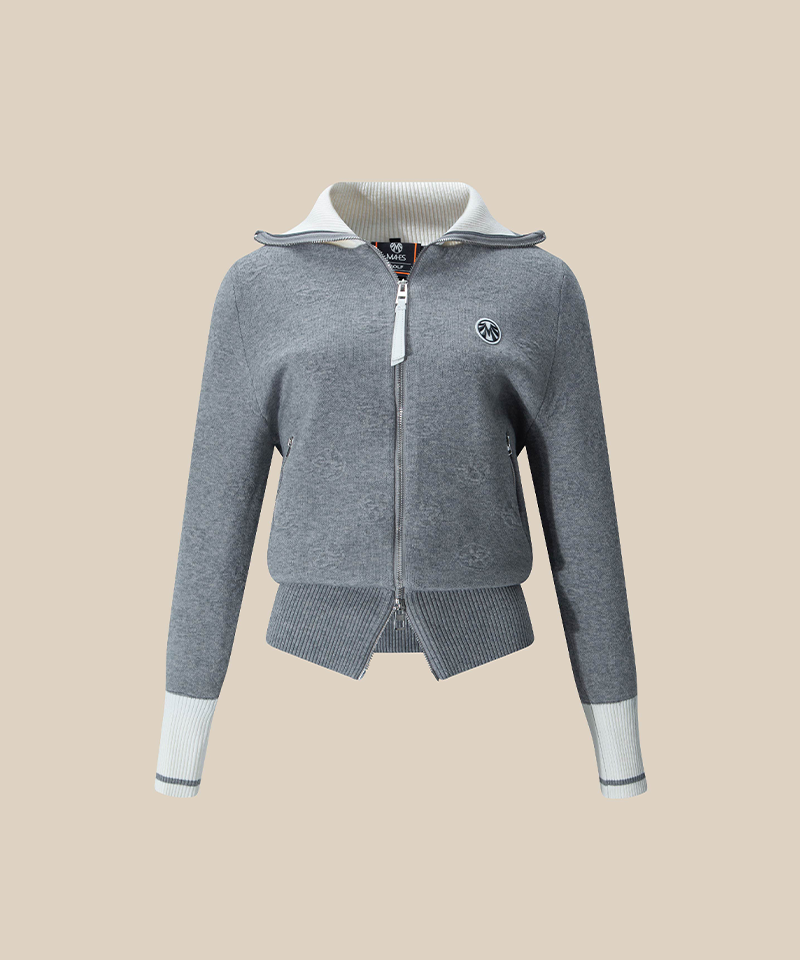 Women's Cashmere Jacquard Pattern Wide Collar Windbreaker Jacket - Gray