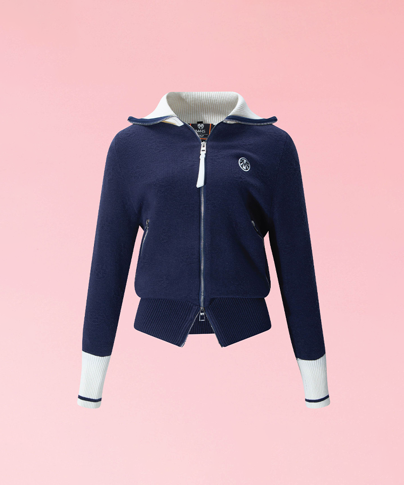 Women's Cashmere Jacquard Pattern Wide Collar Windbreaker Jacket - Navy