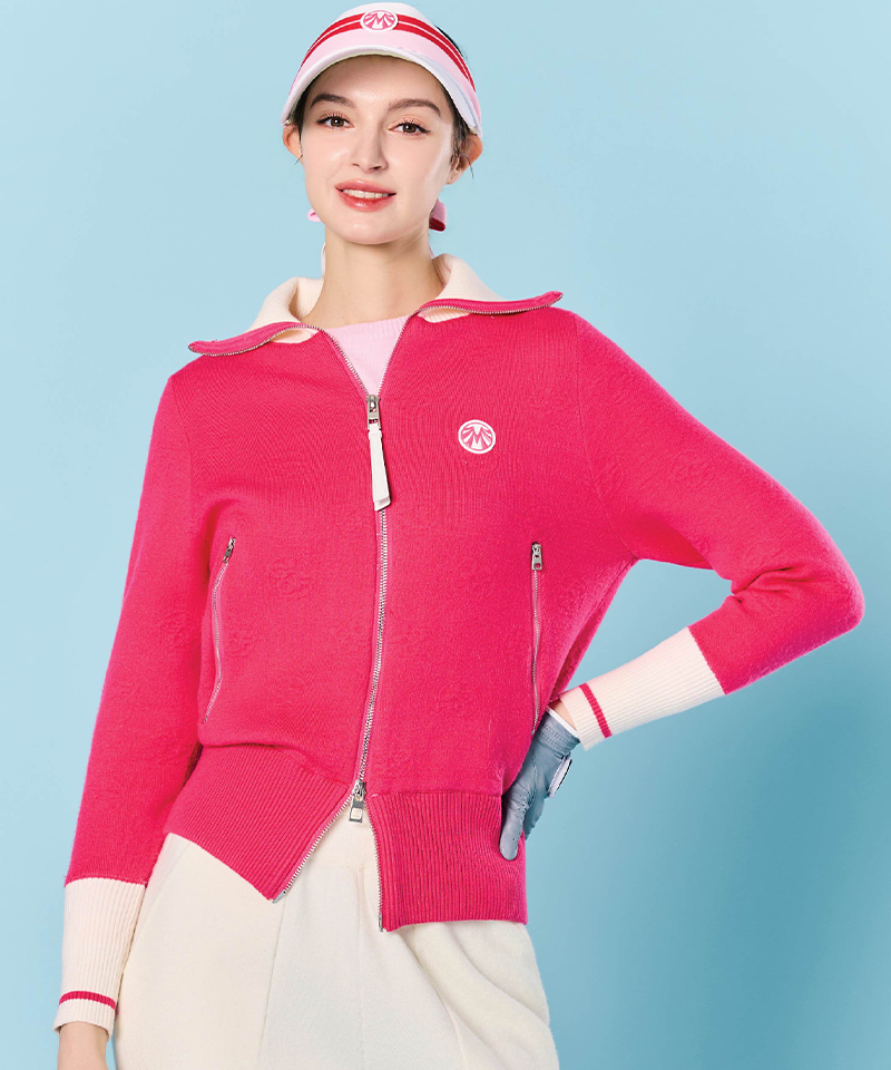 Women's Cashmere Jacquard Pattern Wide Collar Windbreaker Jacket - Hot Pink