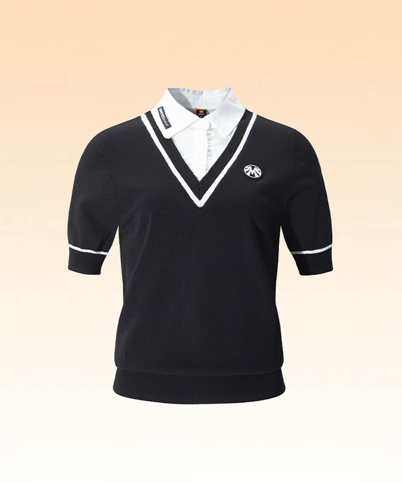 Women's Faux Shirt Collar Short-Sleeve Knit - Black