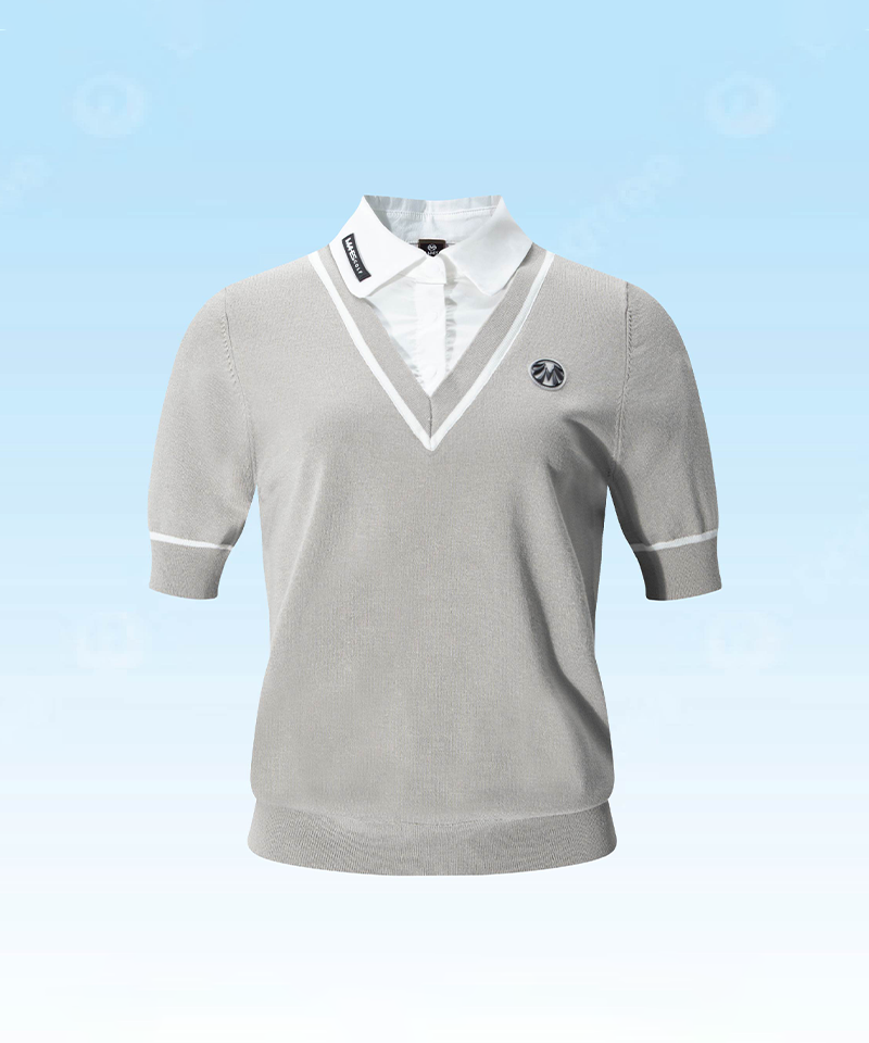 Women's Faux Shirt Collar Short-Sleeve Knit - Sepia Beige