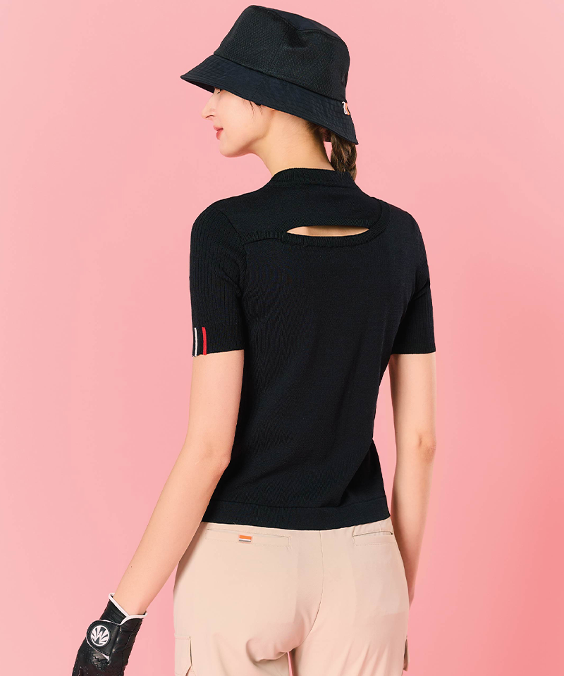 Women's Cooling Yarn Back Slit Round Knit - Black