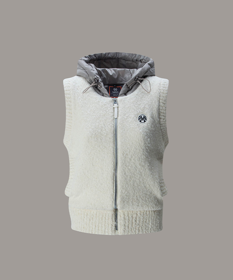 Wool Buckle Padded Hooded Vest - Ivory
