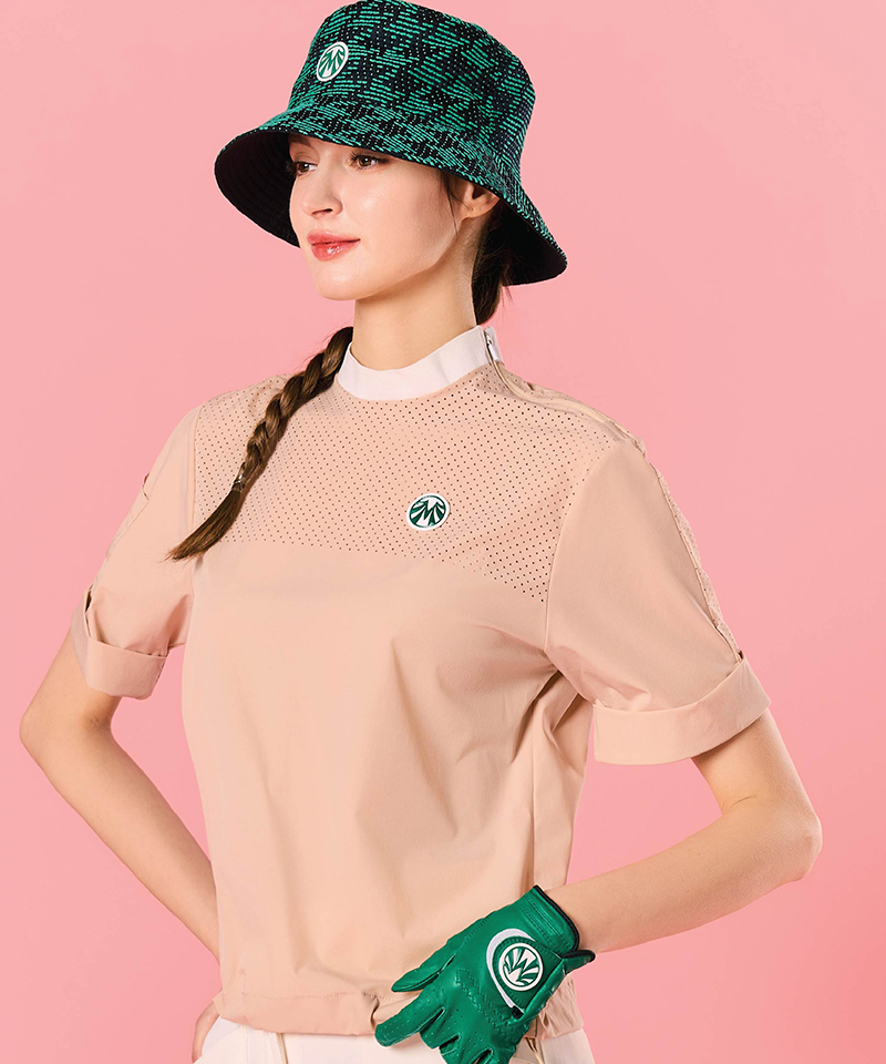 Women's Ultra-Lightweight Woven Spandex Mock Neck T-Shirt - Beige