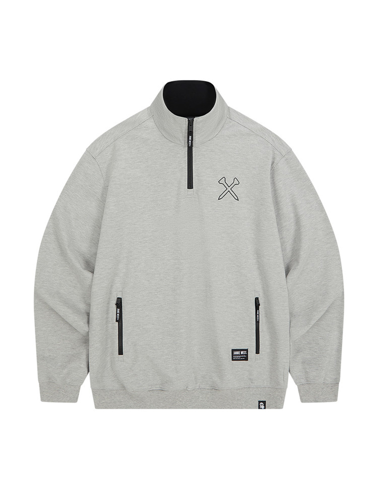 Jamie West High-Neck Half Zip-up Pocket Sweatshirts - Grey
