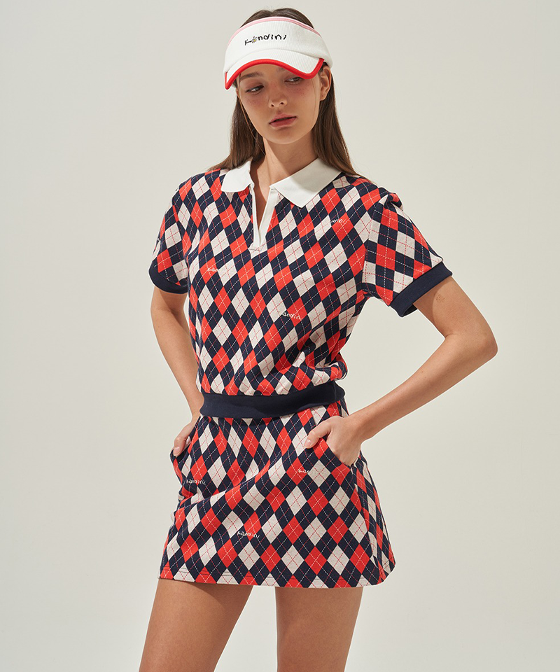 KANDINI Argyle Jacquard Skirt - Red/Navy