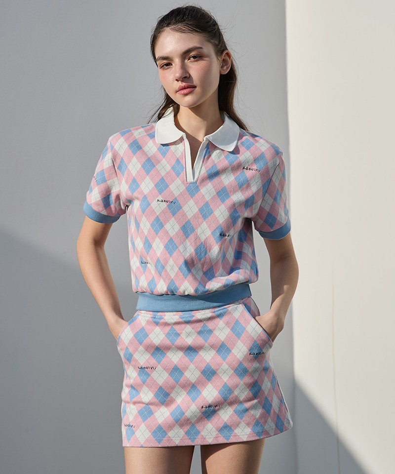 KANDINI Argyle Jacquard V-Neck Top - Pink/Sky Blue