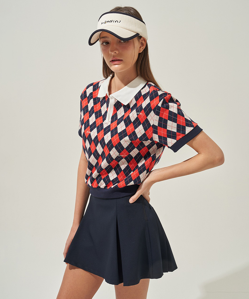 KANDINI Argyle Jacquard V-Neck Top - Red/Navy