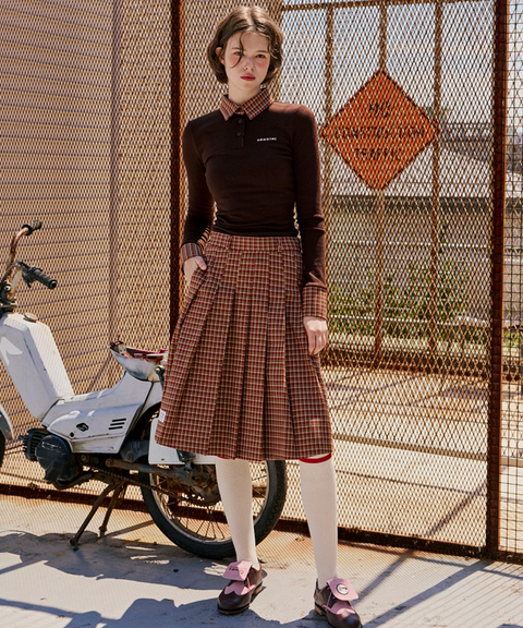 KANDINI Check Midi Pleated Skirt - Brown
