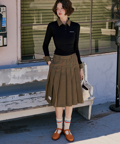 KANDINI Check Midi Pleated Skirt - Navy