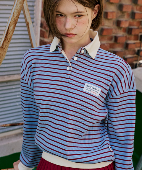 KANDINI Ribbed Stripe Polo Top - Blue