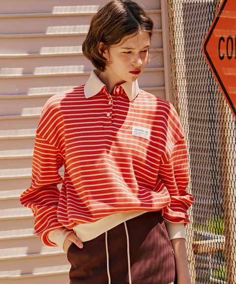 KANDINI Ribbed Stripe Polo Top - Orange