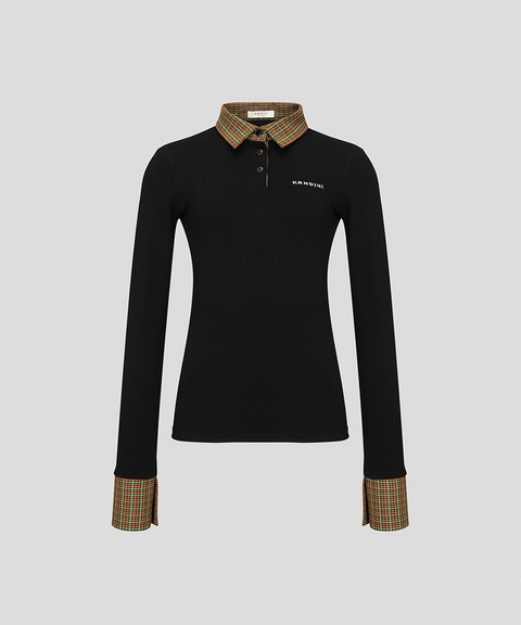 KANDINI Soft Touch Check Collar Tee - Black