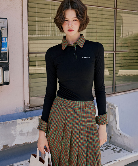 KANDINI Soft Touch Check Collar Tee - Black