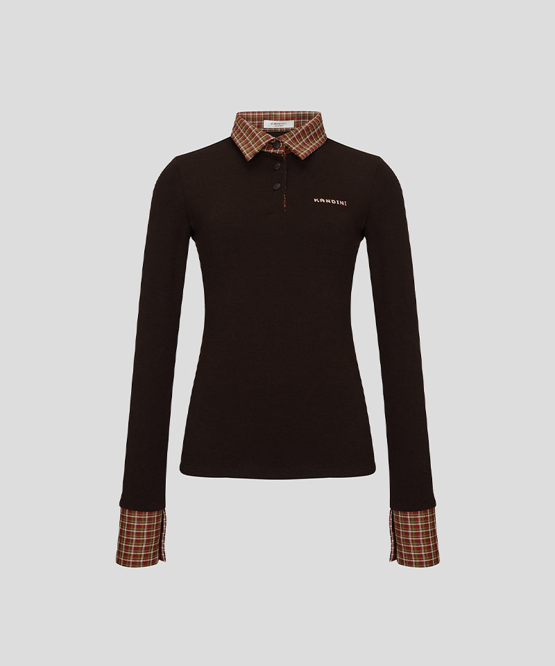 KANDINI Soft Touch Check Collar Tee - Brown