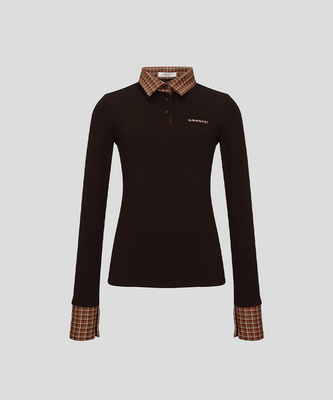 KANDINI Soft Touch Check Collar Tee - Brown