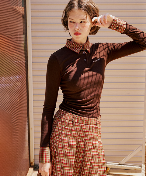 KANDINI Soft Touch Check Collar Tee - Brown