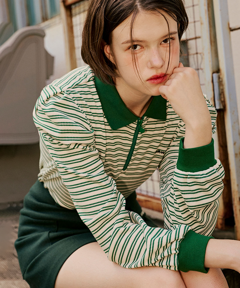 KANDINI Striped Puff Sleeve Zip-up Polo Shirt (Long Sleeve) - Green