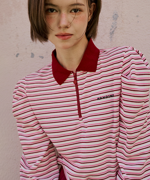 KANDINI Striped Puff Sleeve Zip-up Polo Shirt (Long Sleeve) - Wine