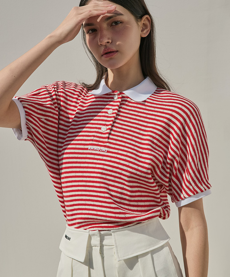 KANDINI Striped Raglan Polo - Red