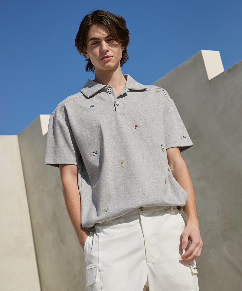 KANDINI Unisex Embroidery Collared SweatShirt - Melange Gray