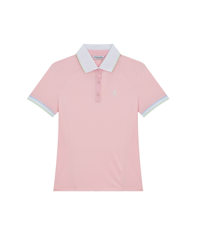 CHUCUCHU Line Back Mesh Collar Short Sleeve Top - Pink