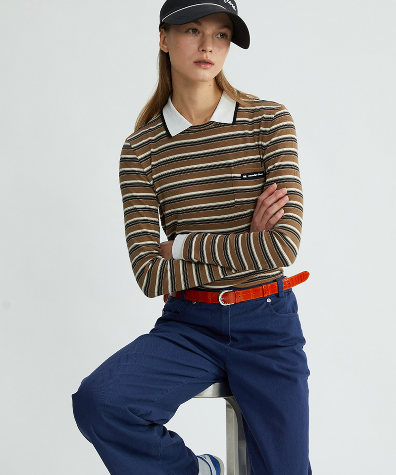 Monday Flow Must-Have Collared Top (Striped) - Brown